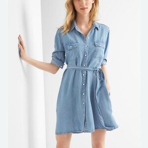 Gap Lyocell T-Shirt Dress Belt Long Sleeves‎ Pockets Buttoned Front Size XS